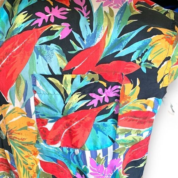 Vintage New Concepts Shirt Tropical Palm Striped Oversized Blue White Silk Large - Picture 7 of 9